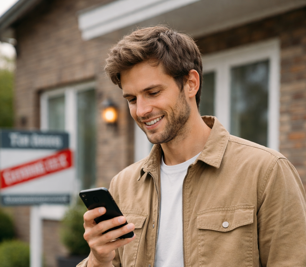 Starter kijkt op zijn mobiel, staat voor een huis